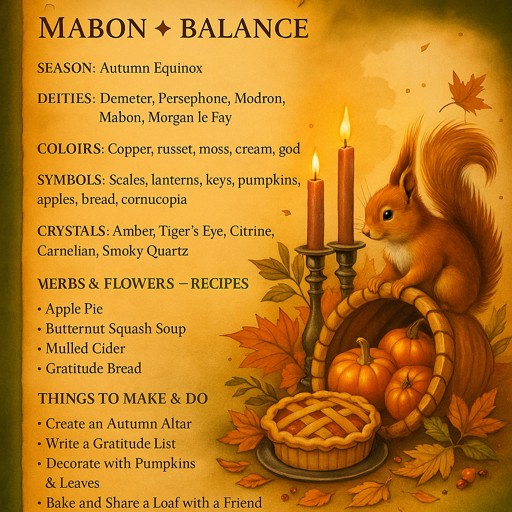Mabon altar with candles, squirrel, pumpkins, cornucopia and harvest pie