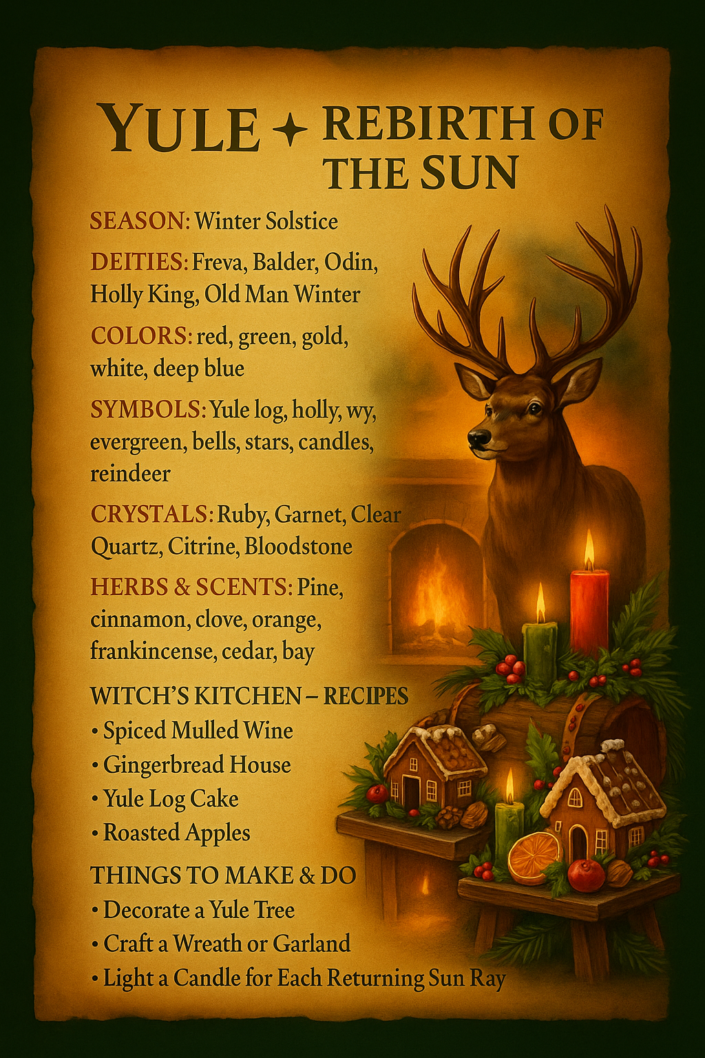 Yule altar with stag, yule log, candles, pine boughs and hearth fire