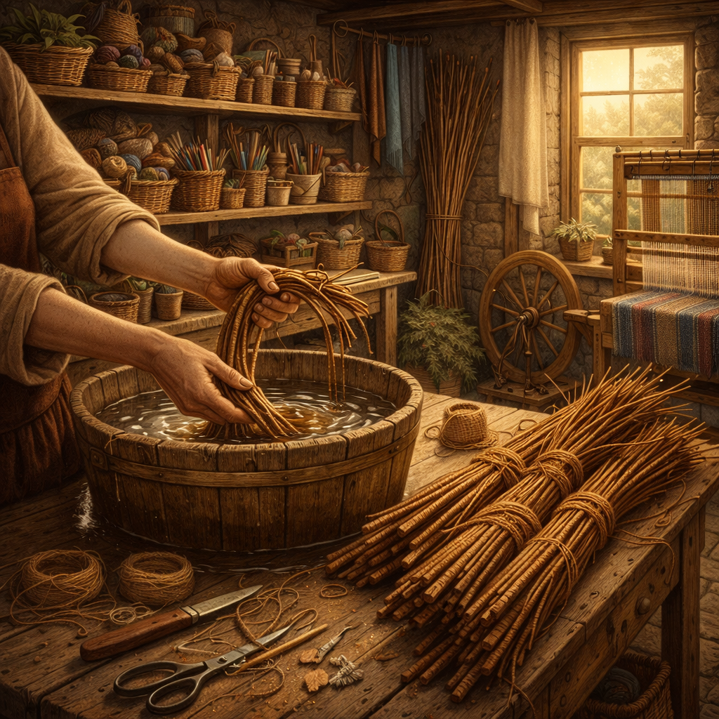 Hands soaking willow rods in water on a wooden workshop table