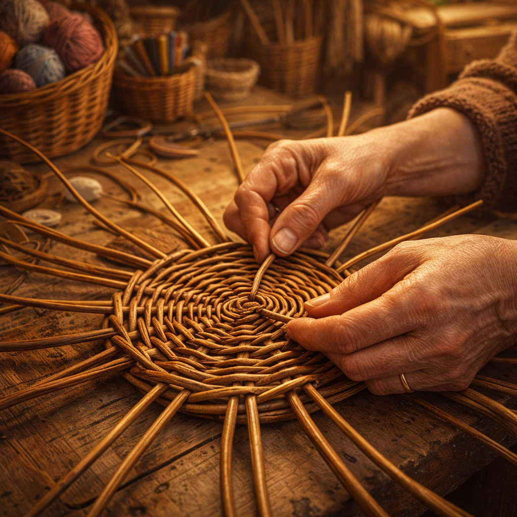 Hands weaving the circular base of a basket on a wooden table
