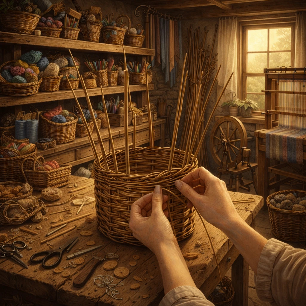 Hands weaving the sides of a basket in a warm rustic workshop