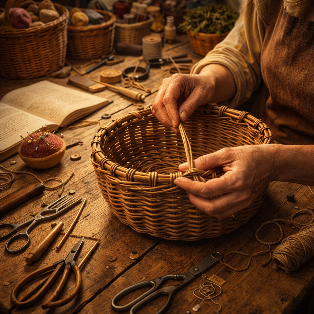Finished handmade baskets resting together on a wooden workshop table