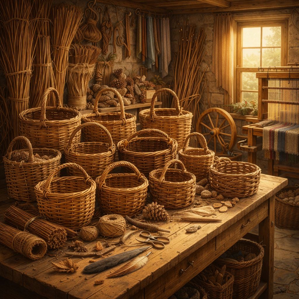 A collection of finished handmade baskets arranged on a wooden worktable in a warm rustic workshop