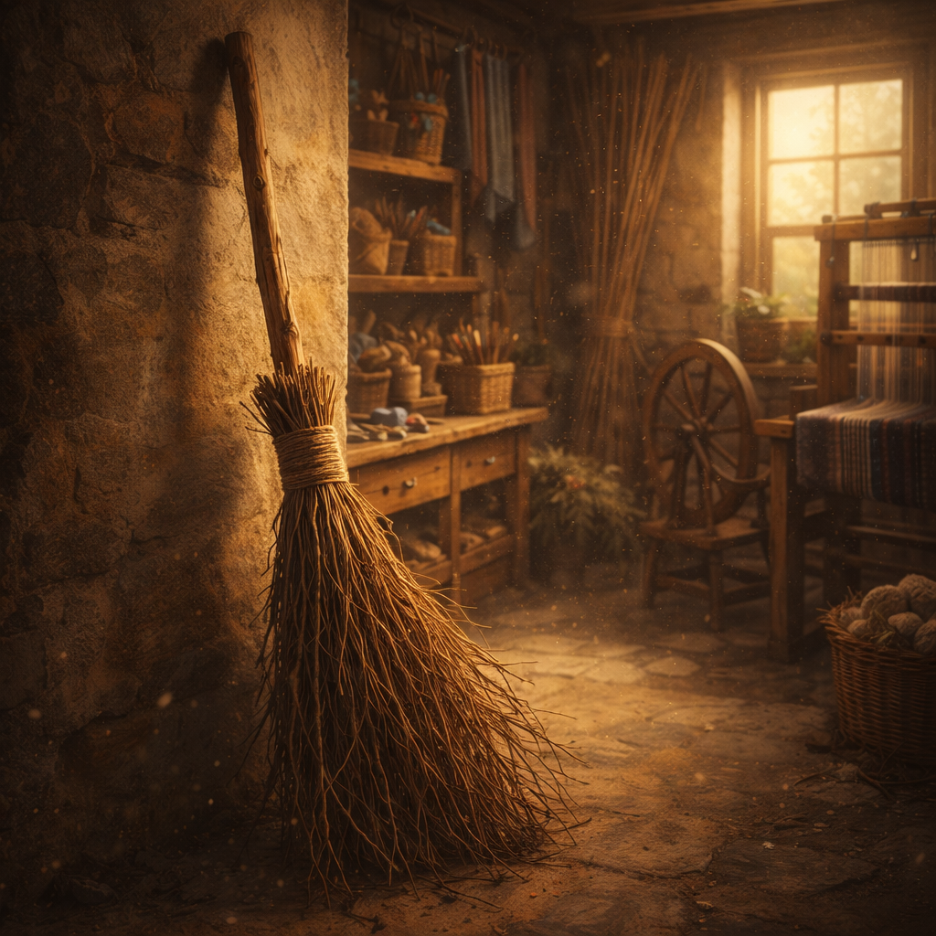 A handmade besom broom resting in a warm rustic workshop