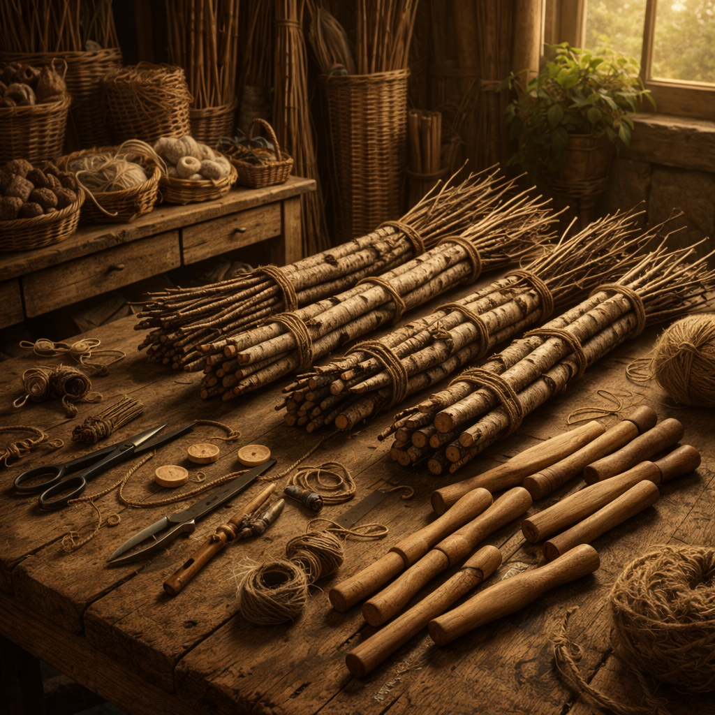 Bundles of twigs and broom-making materials laid out on a wooden table