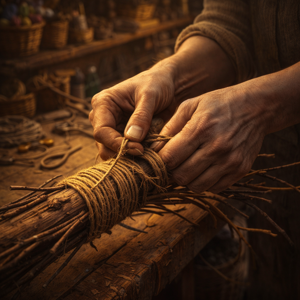 Hands binding twigs onto a wooden broom handle with natural twine