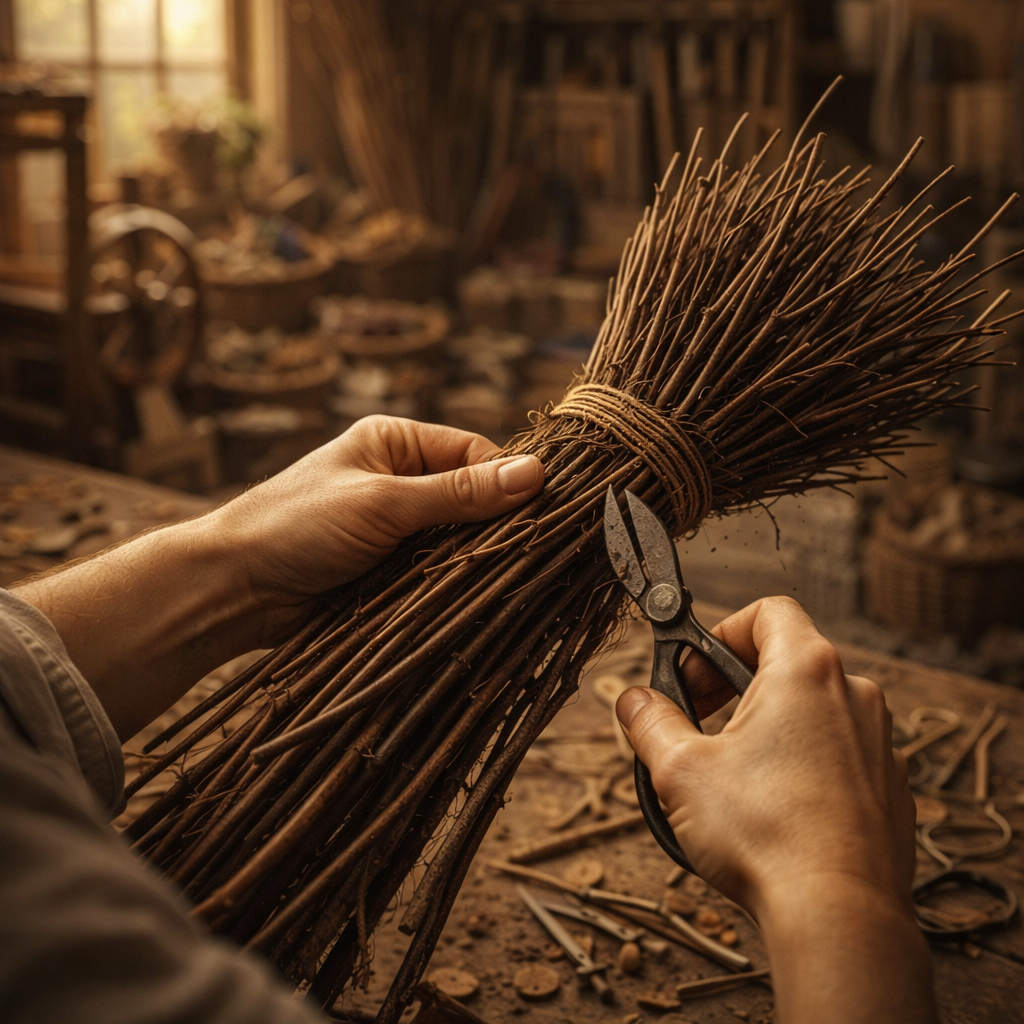 Hands shaping and adjusting a handmade besom broom in a rustic workshop