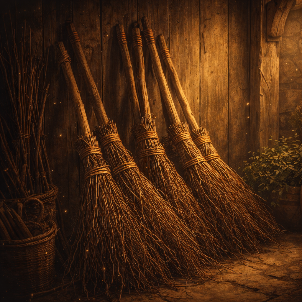 Several finished handmade besom brooms resting together against a wooden wall
