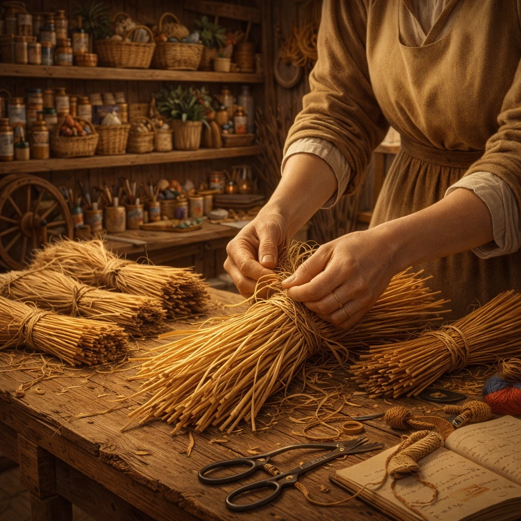 Bundles of straw being gathered and tied on a wooden workshop table