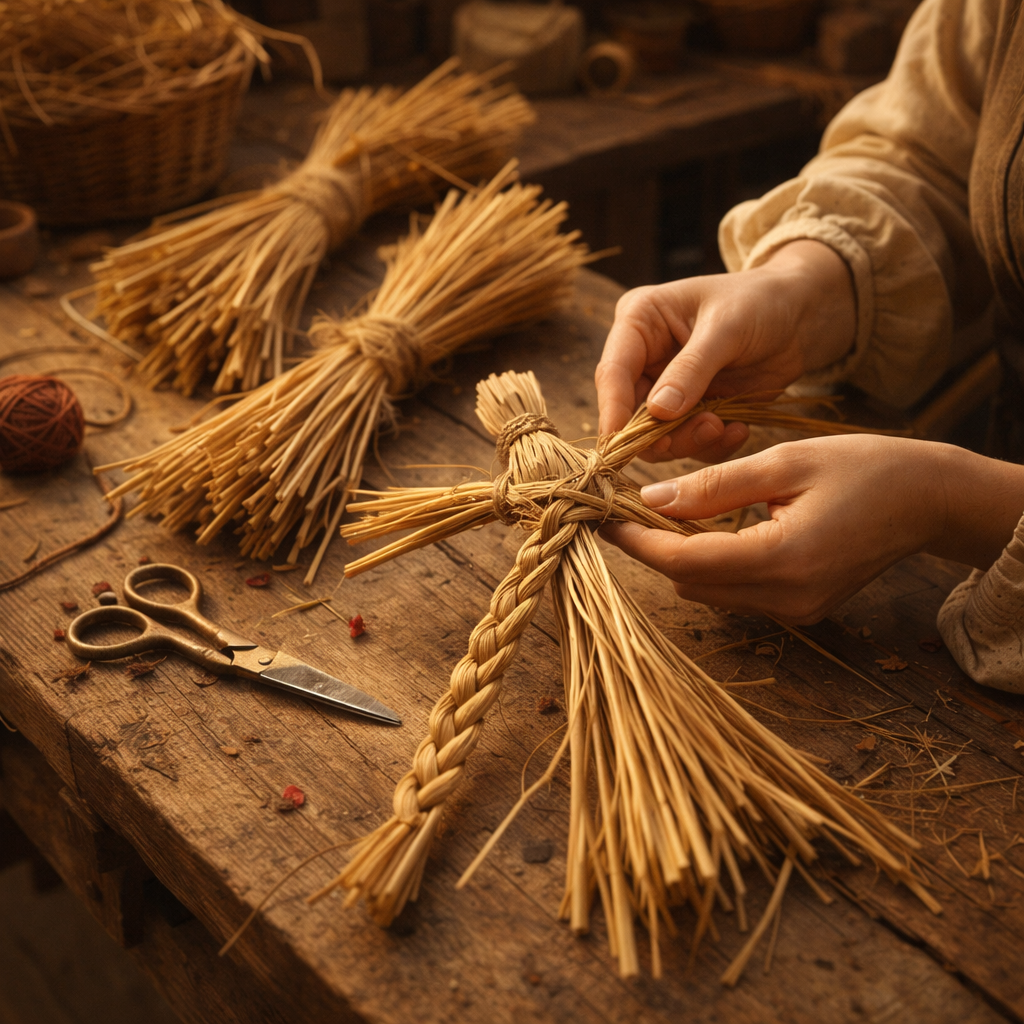 Hands beginning to shape and braid a corn dolly on a wooden table