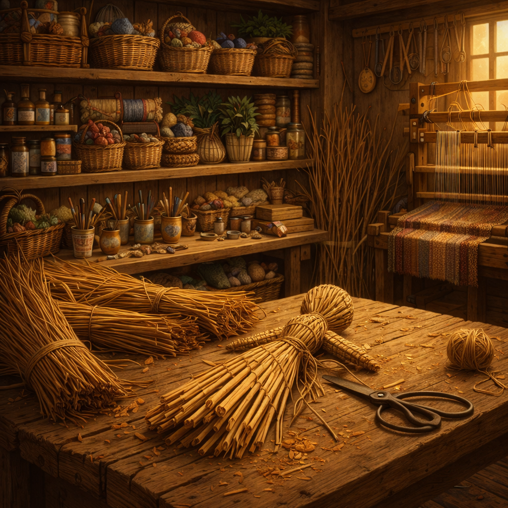 A partly made corn dolly resting on a workbench beside tools and bundles of straw