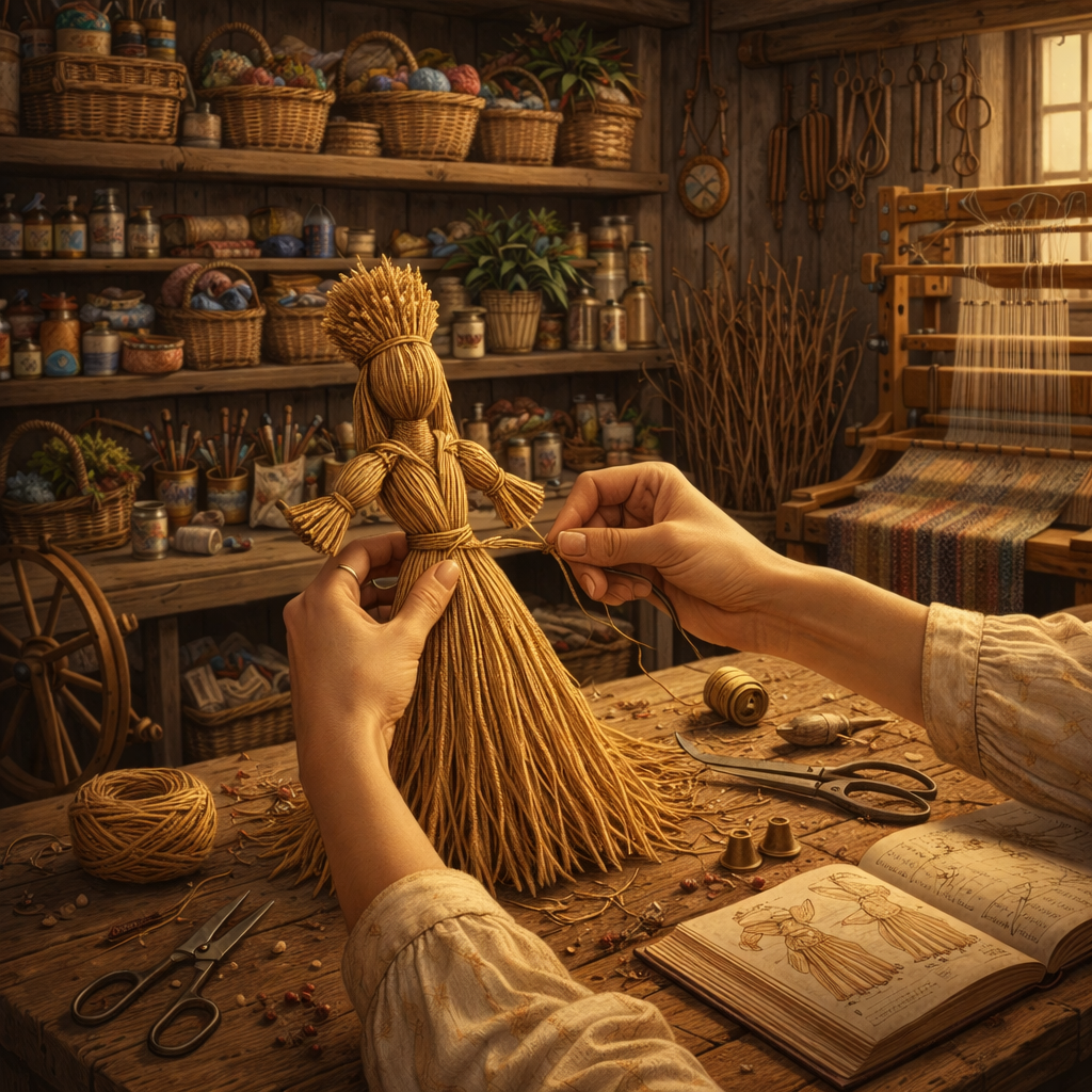Hands finishing a traditional straw figure in a warm rustic workshop