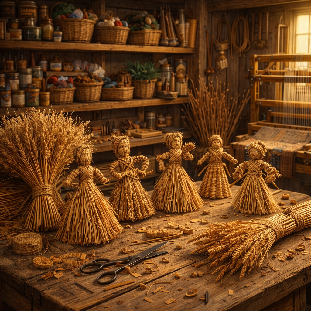 Finished corn dollies arranged on a rustic workshop table with straw, tools, and warm golden light