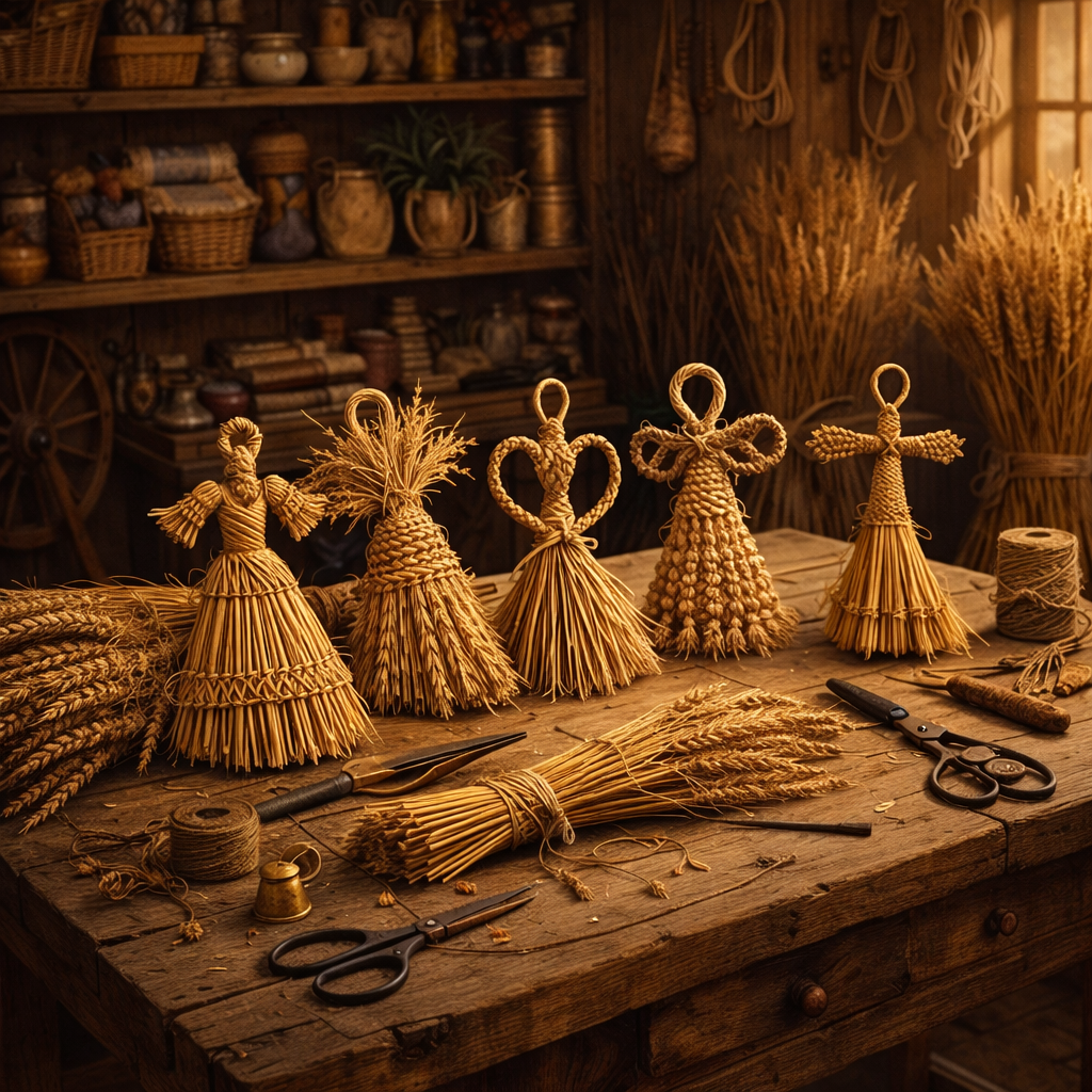 A row of finished corn dollies displayed on a wooden workshop table