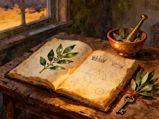 Watercolour bay laurel sprig painted on parchment beside a small brass bowl