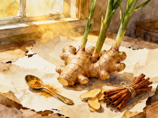 Ginger root and stem illustration on parchment
