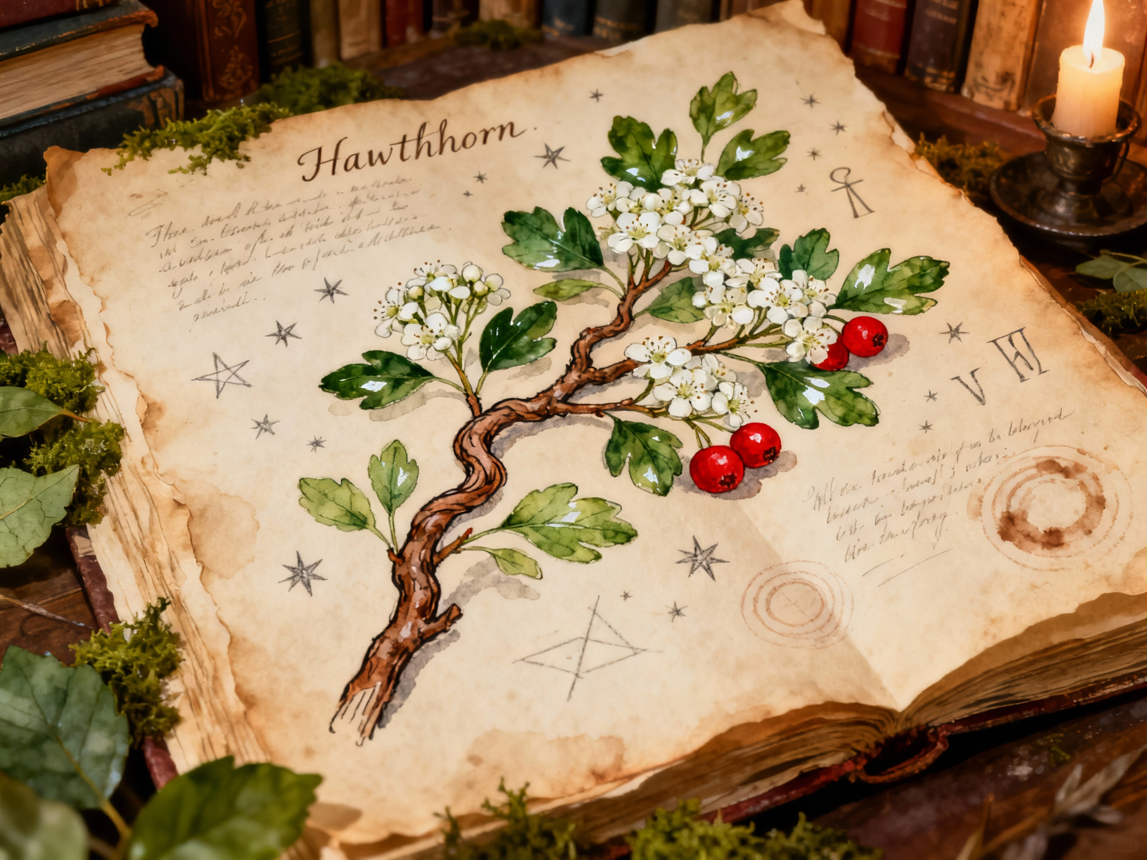 Illustrated hawthorn sprig with blossom and berries on parchment