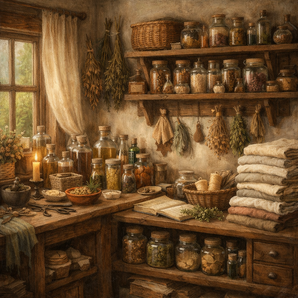 A rustic home apothecary workspace with jars, herbs and folded linens