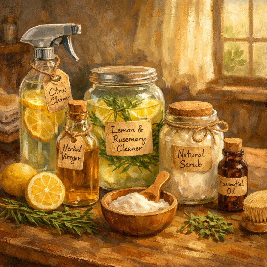 Natural cleaning blends with lemon, herbs and jars