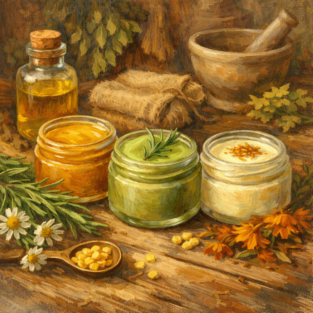 Homemade herbal salves in small jars