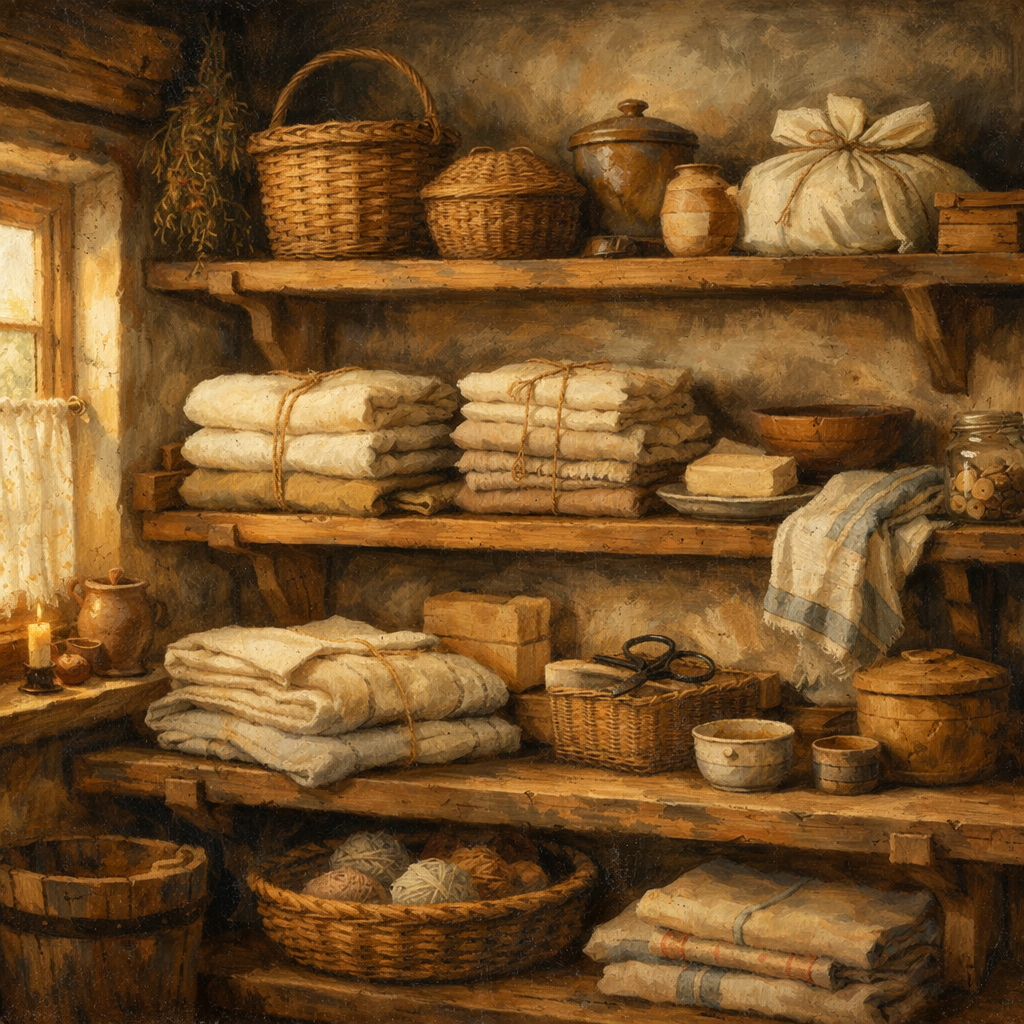 Folded linens and handmade household items on wooden shelves