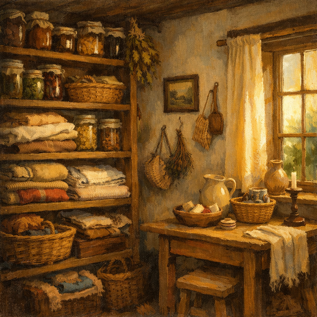 A calm corner of a rustic home with shelves and soft light