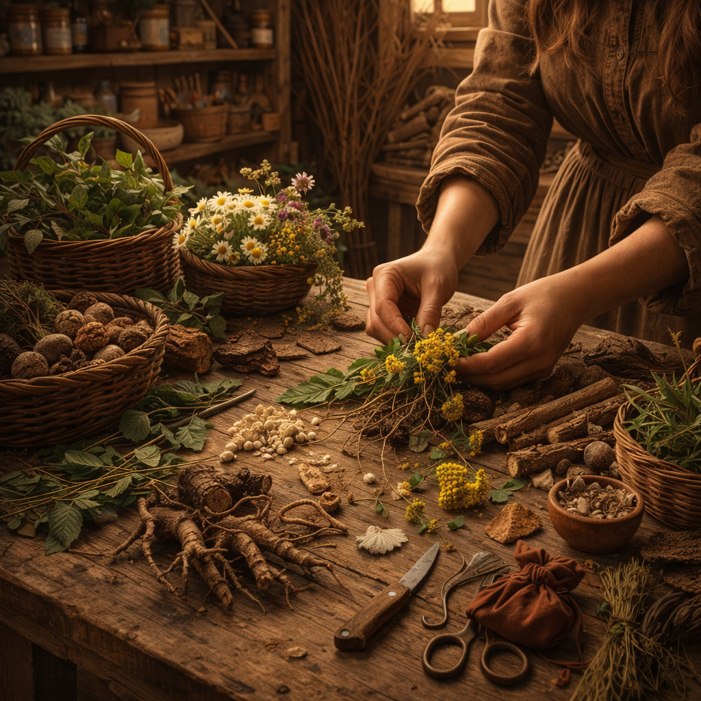 Bundles of straw being gathered and tied on a wooden workshop table