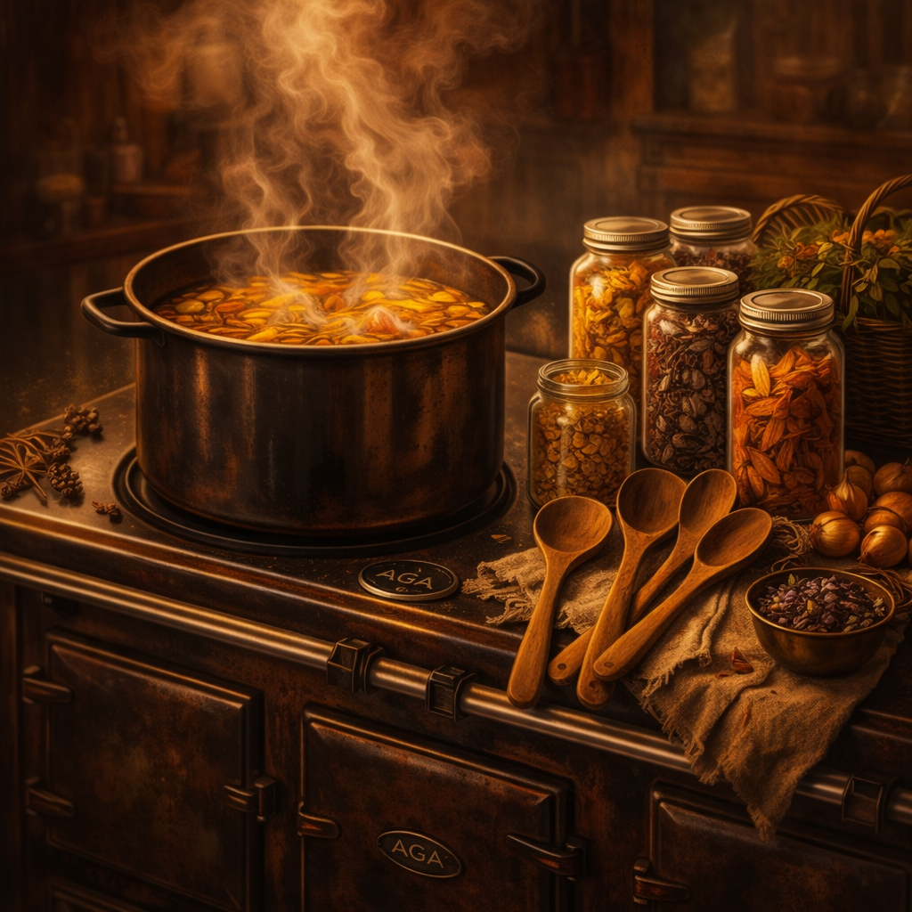 Hands beginning to shape and braid a corn dolly on a wooden table