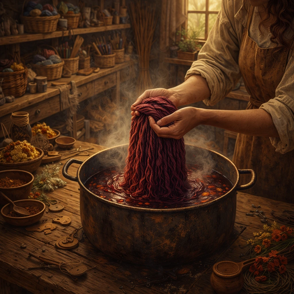 A partly made corn dolly resting on a workbench beside tools and bundles of straw