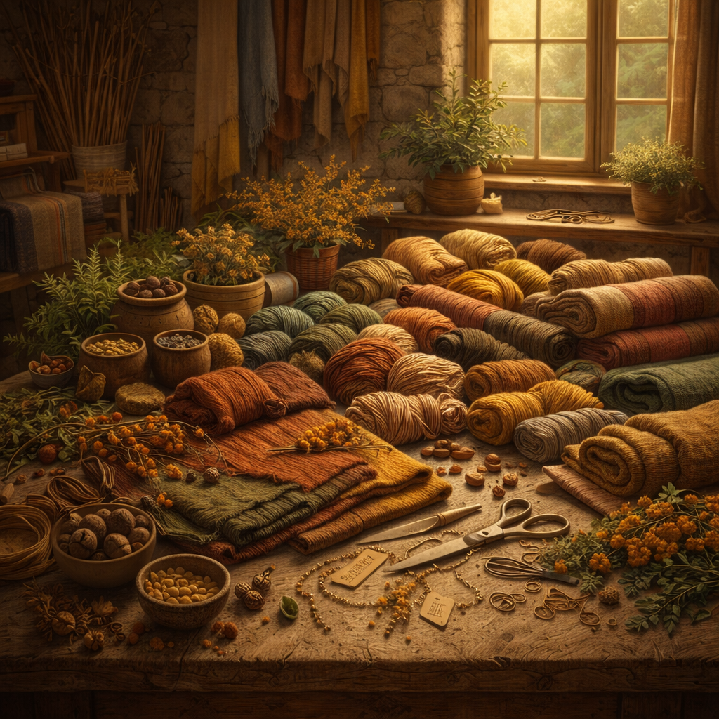 Finished corn dollies arranged on a rustic workshop table with straw, tools, and warm golden light