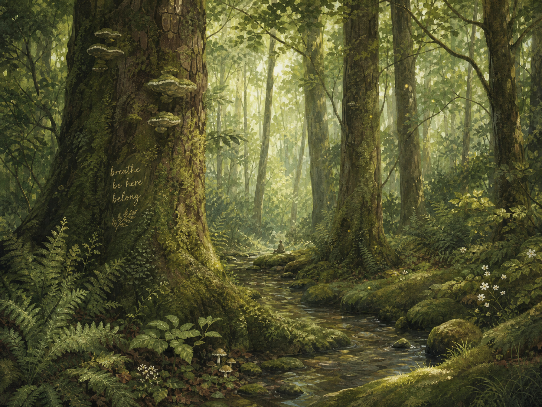 A quiet green forest with moss, ferns and soft light