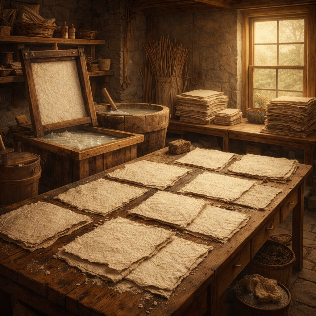 A rustic paper making workshop with handmade sheets drying on a wooden table in warm natural light