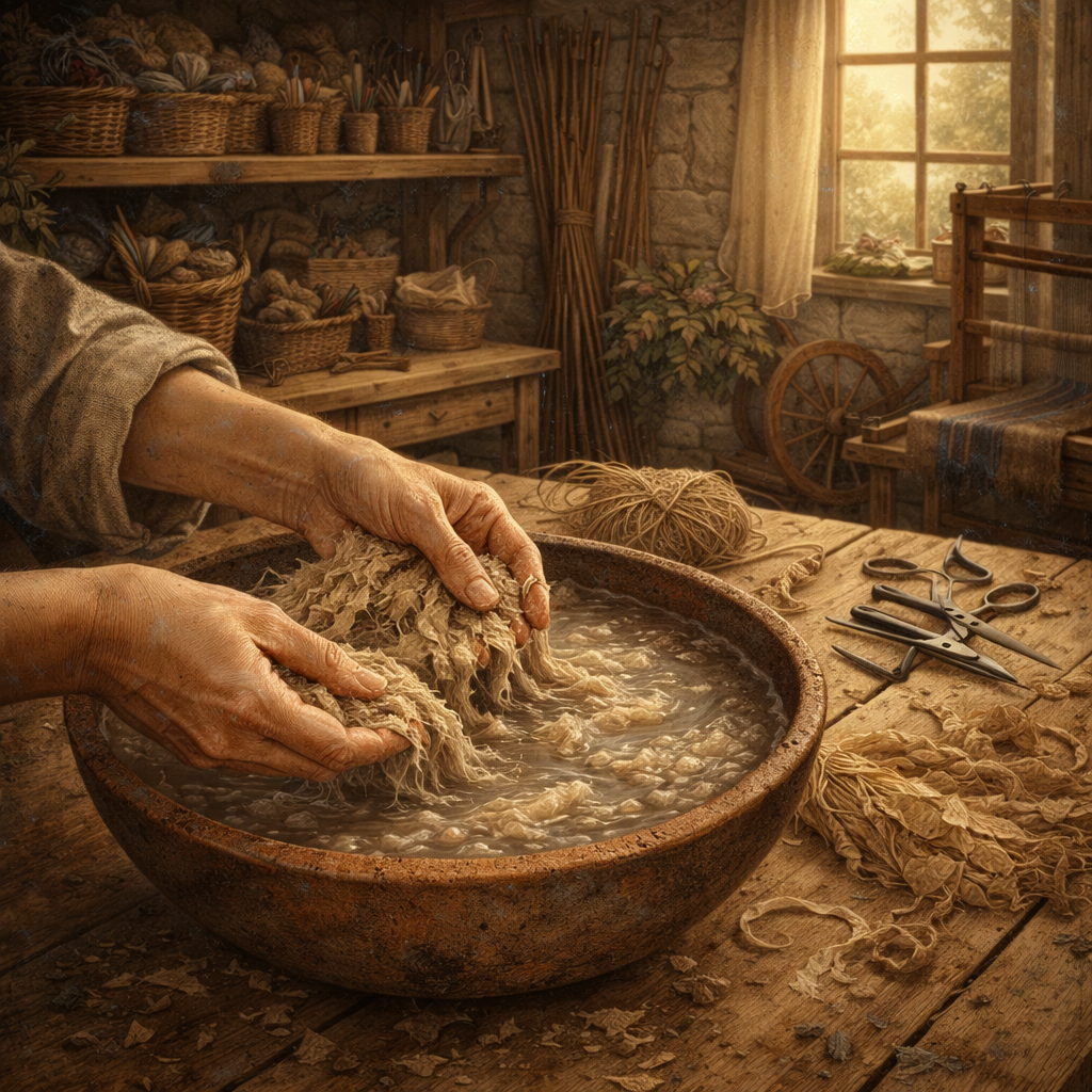 Hands preparing soaked fibres and pulp in a bowl on a rustic workshop table