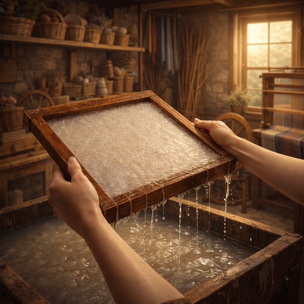 Hands lifting a wooden paper making frame from a vat of water with a new sheet forming