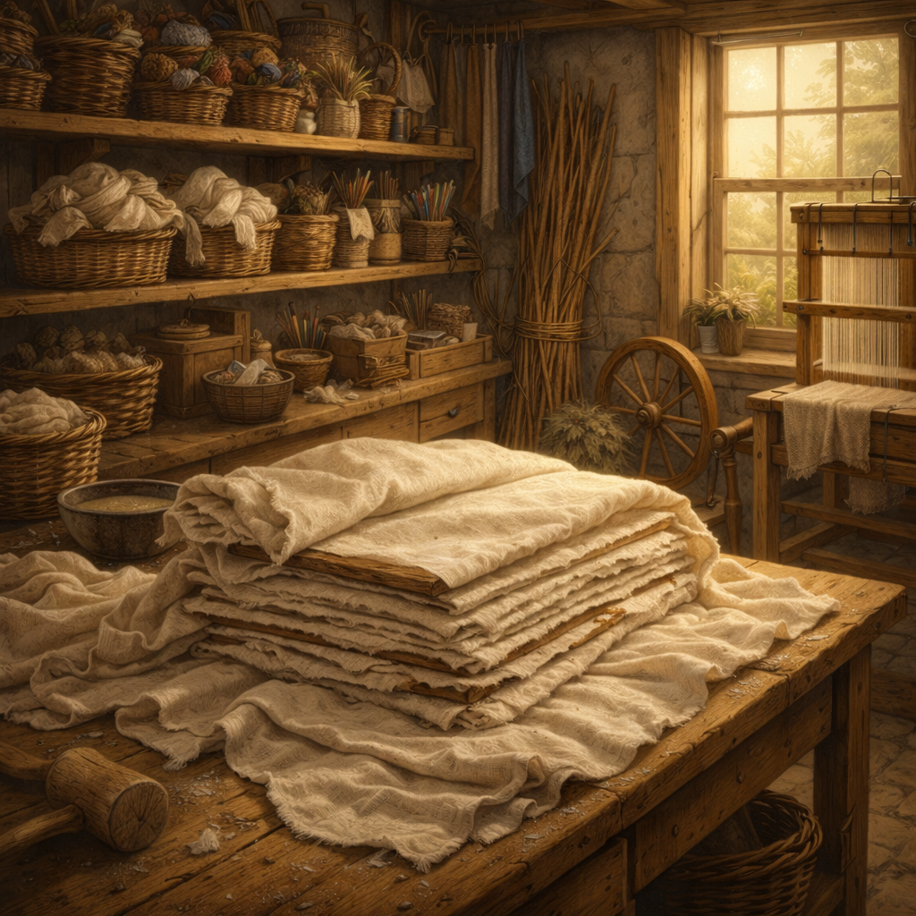 Layers of handmade paper being pressed between cloth in a warm rustic workshop