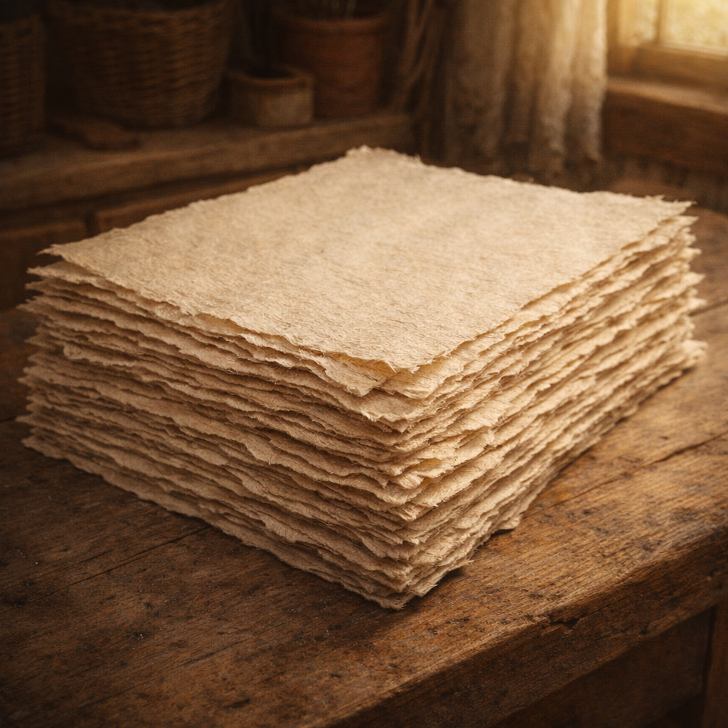 A stack of finished handmade paper with soft uneven edges resting on a wooden table