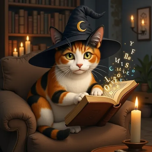 A witchy cat absorbed in a spellbook