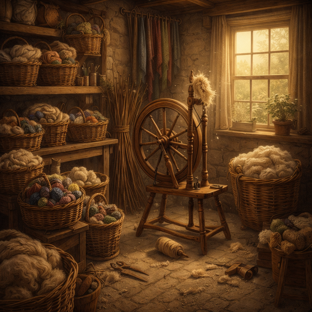 A traditional spinning wheel in a warm rustic workshop with soft natural light