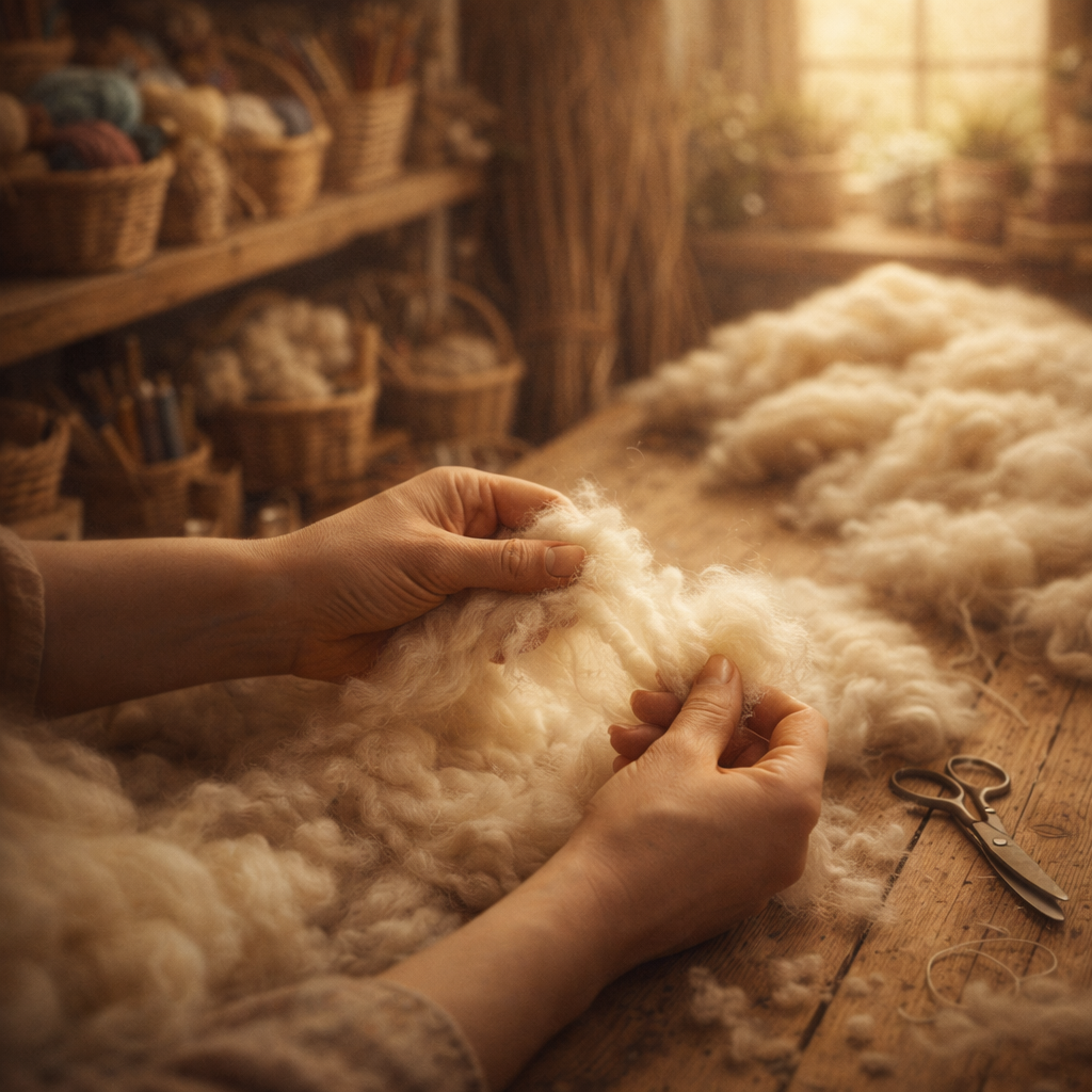 Hands preparing soft wool roving on a wooden table in a rustic workshop