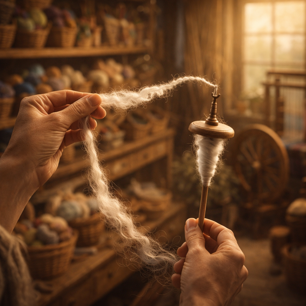 Hands using a drop spindle to spin wool into yarn
