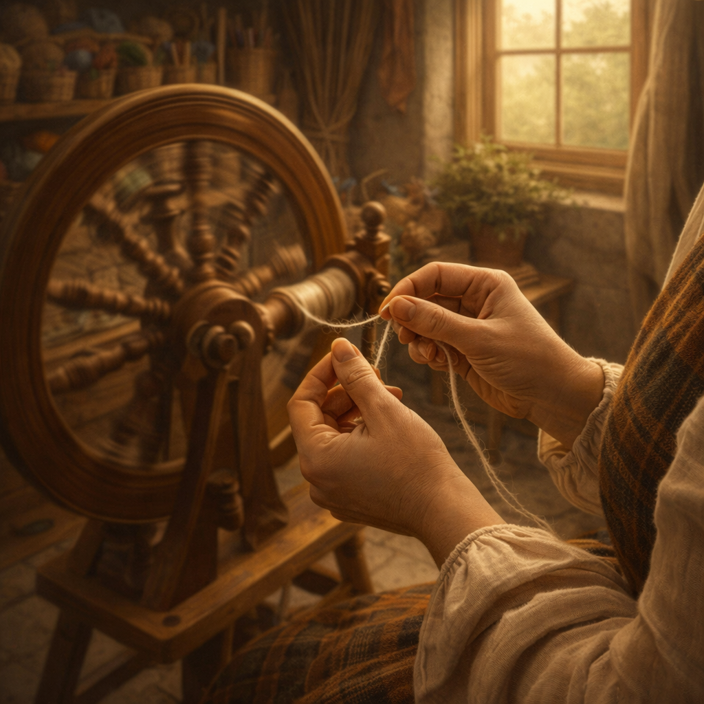Hands working at a spinning wheel with thread forming in warm light