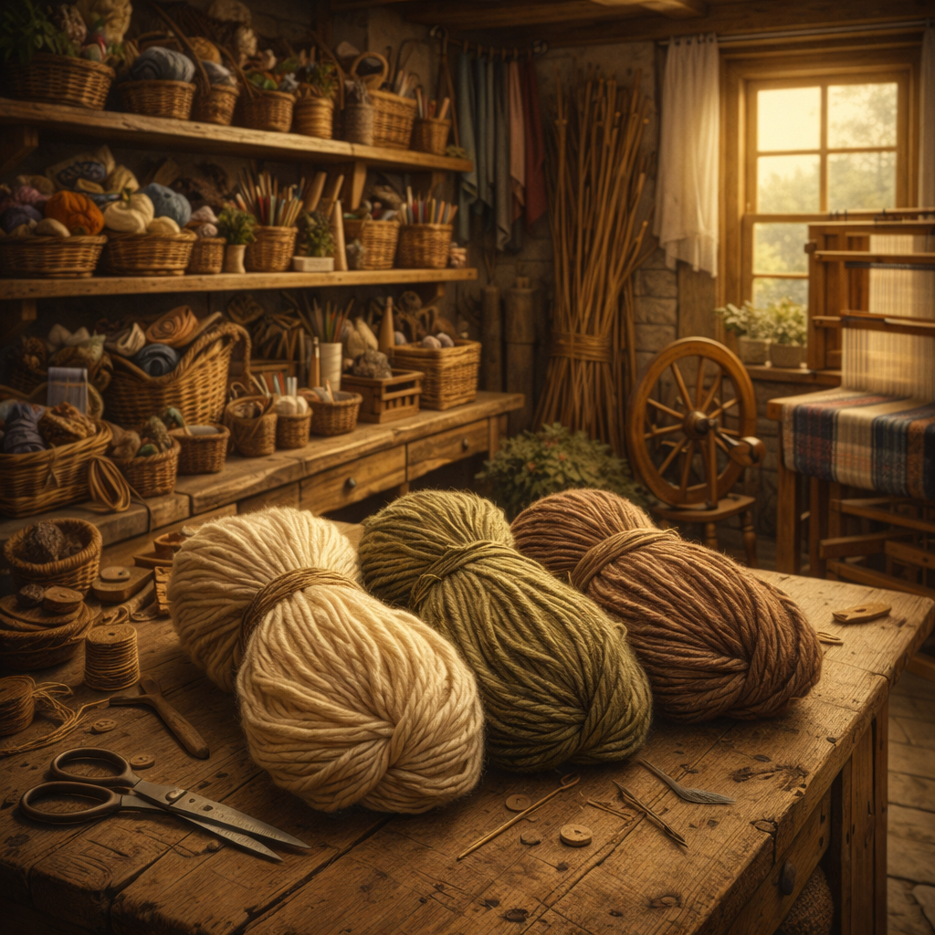 Bundles of finished handspun yarn arranged on a wooden table