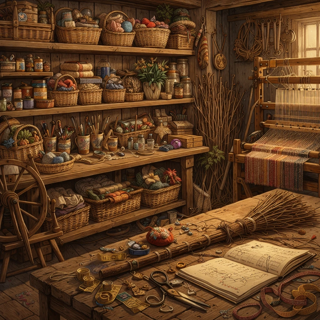 A warm traditional craft workshop with baskets, yarn, weaving loom, spinning wheel, and handmade tools on a wooden table