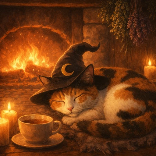 Tweek the magical cat sleeping by the hearth in a witch hat, with candles and a cup of tea nearby