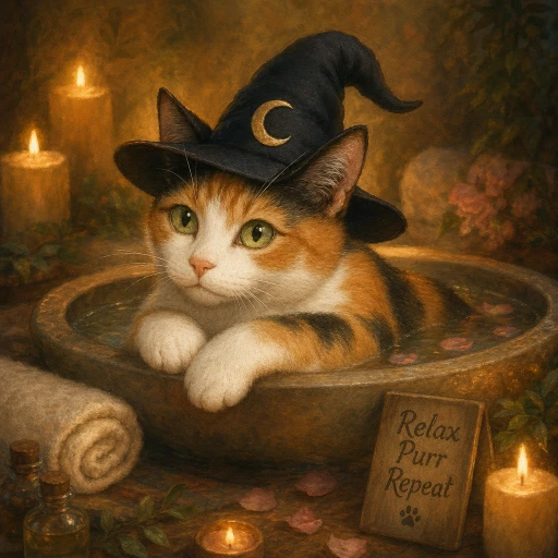 Tweek the magical cat resting in a herbal bath, wearing a witch hat by candlelight