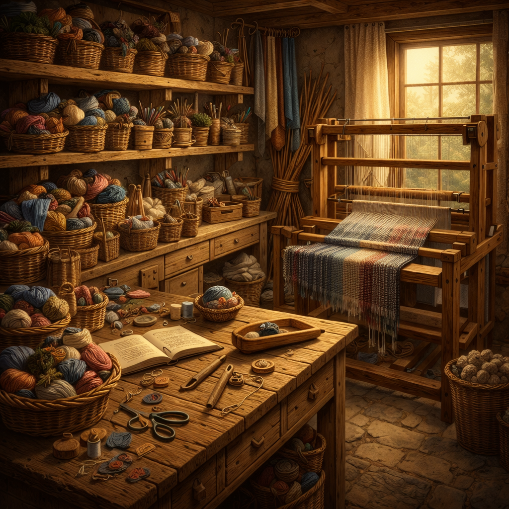 A rustic weaving workshop with a wooden loom, baskets of yarn, tools, and an open notebook in warm natural light