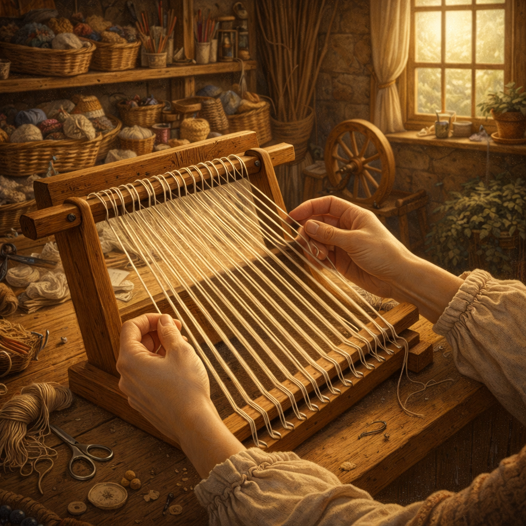 Hands preparing and warping a small wooden loom in a warm rustic workshop