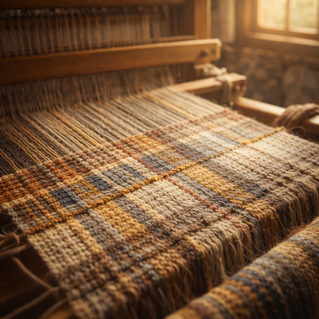Close-up of woven fabric on a loom showing soft texture, pattern, and visible threads
