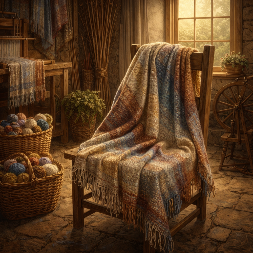 A finished handwoven cloth draped over a wooden chair in a rustic workshop beside baskets of yarn