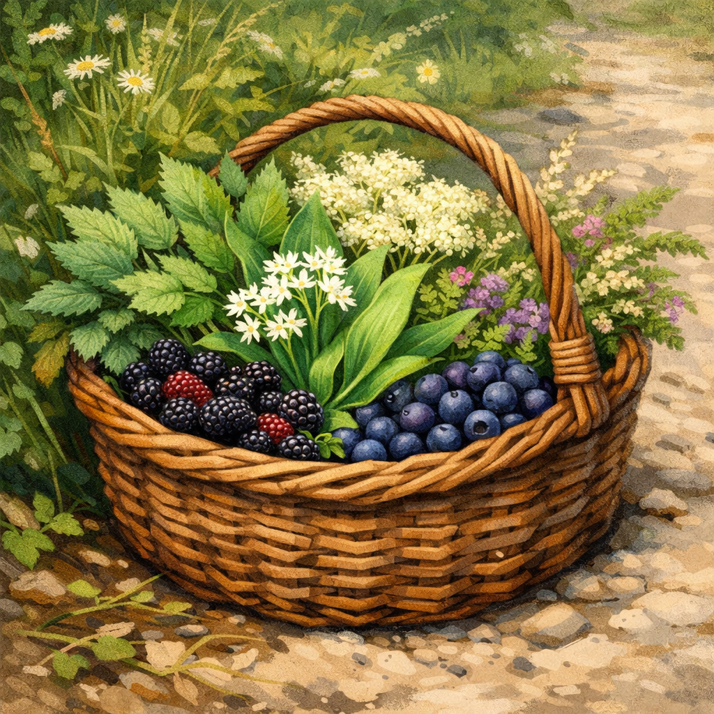 A hedgerow and meadow path rich with wild plants and forage